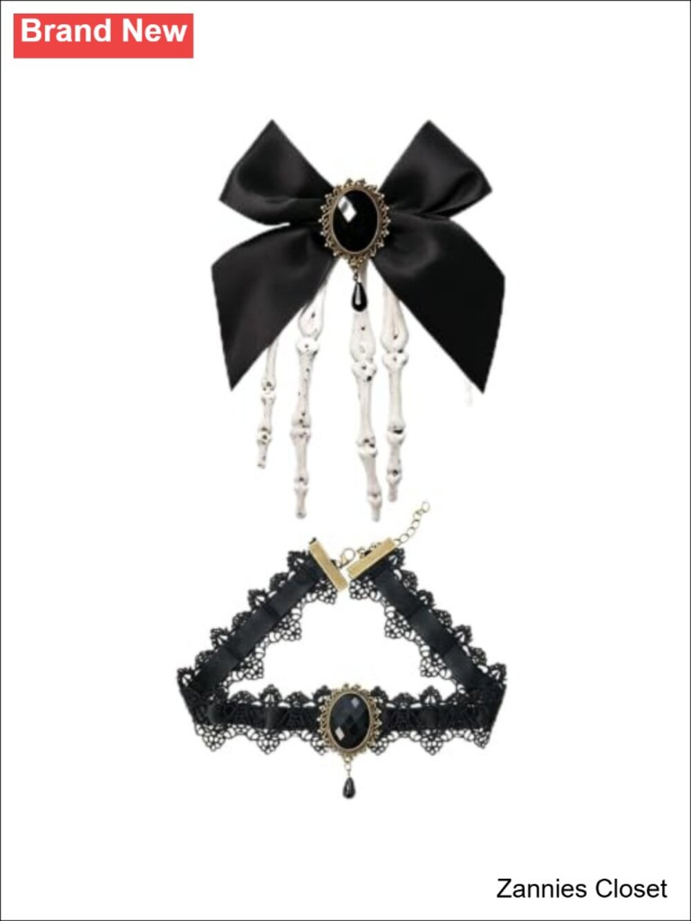 👻 Gothic Skeleton Hand Hair Clip Set & Lace Choker Necklace Victorian Dark